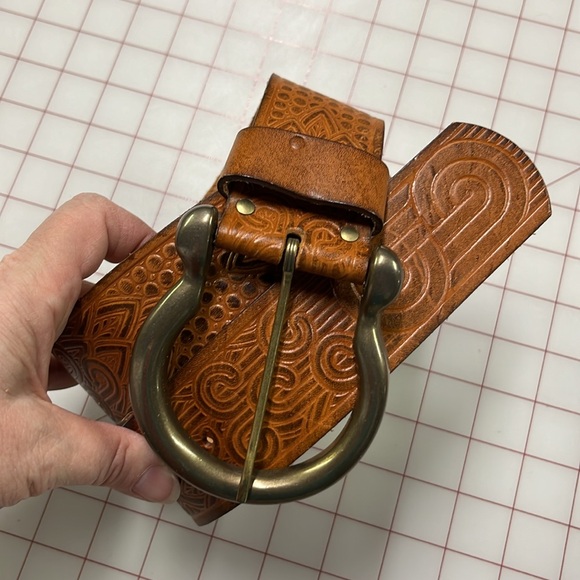 CIRCA Tooled Modern Geometric Brass Color Buckle Boho Hippie-Chic BRN Belt S/M - Picture 9 of 13